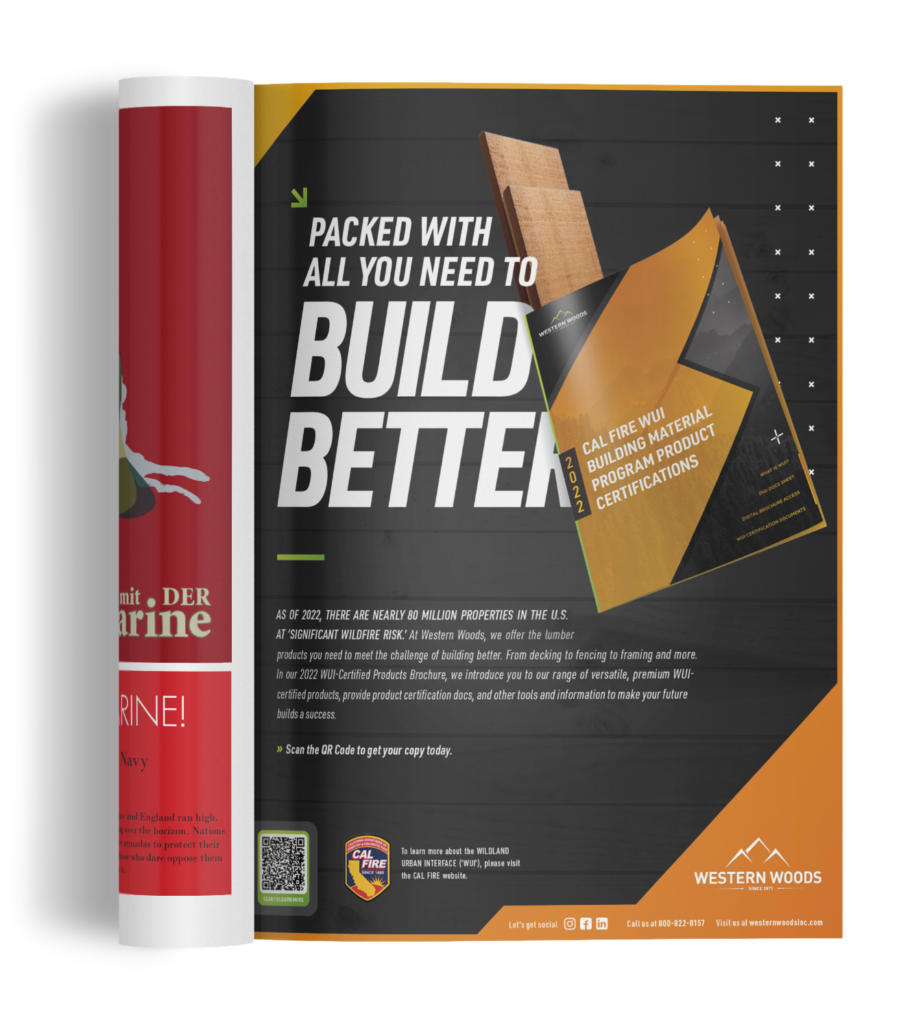 This ad features the Western Woods 2022 WUI (Wildland Urban Interface) brochure. The headline reads, "Packed with all you need to build better."